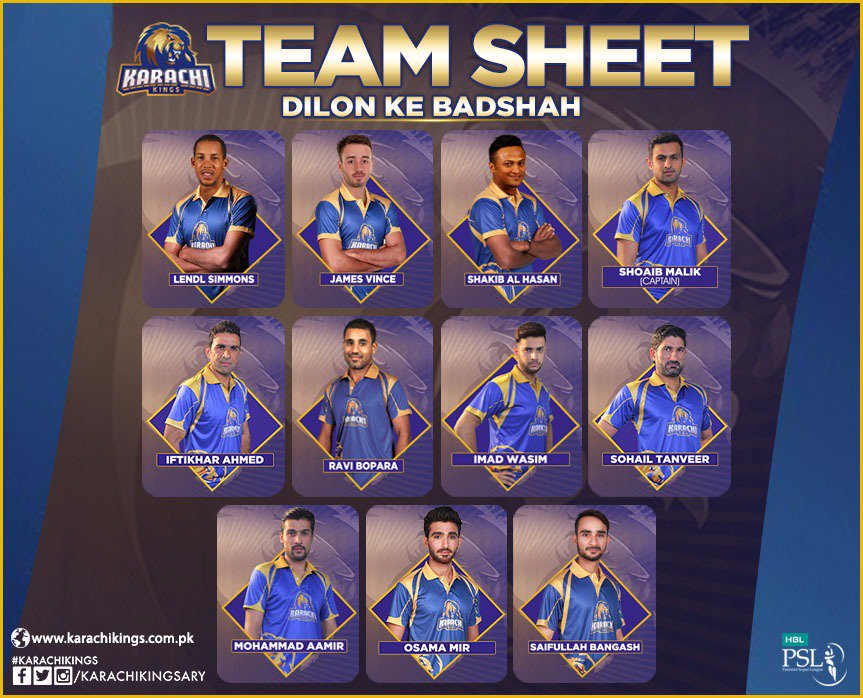 KarachiKingsARY's tweet photo. Team Sheet: One Change In Side, Osama Mir In Nauman Anwar Out 

#KarachiDharayGa #KKvsIU #KarachiKings #HBLPSL https://t.co/GYQ28K6UPP