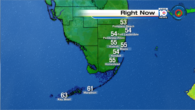 Good morning South Florida! Chilly start this Sunday. Temps in the 50s now, mid 60s this afternoon. #Flwx https://t.co/4PCAWR9V2c