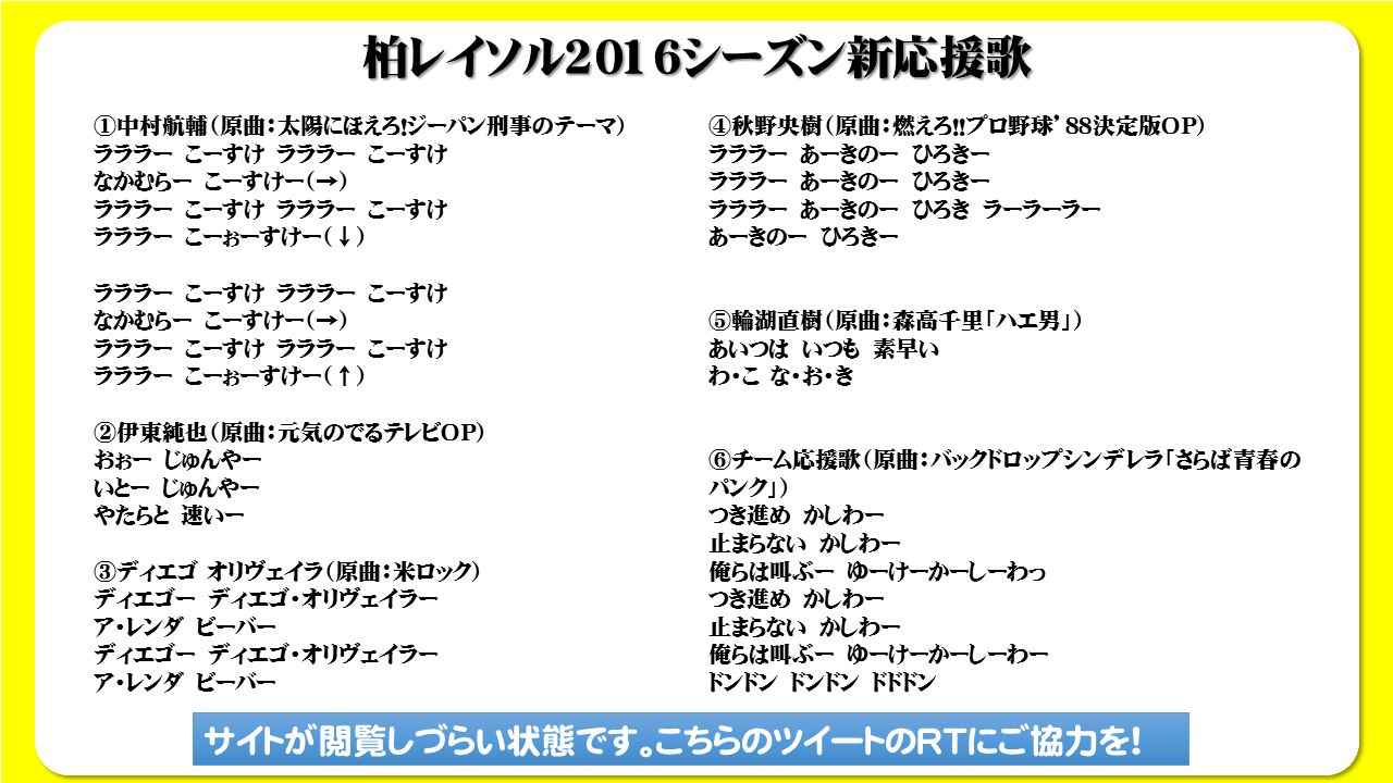 柏レイソルのゴール裏 お知らせ 新応援歌を気にしていただける方が多数いた模様 サイトの閲覧がしづらい状況が続いています とりあえず 暫定的に全ての新応援歌の歌詞を画像でツイートします こちらの記事のrtにご協力を Reysol 柏から世界へ