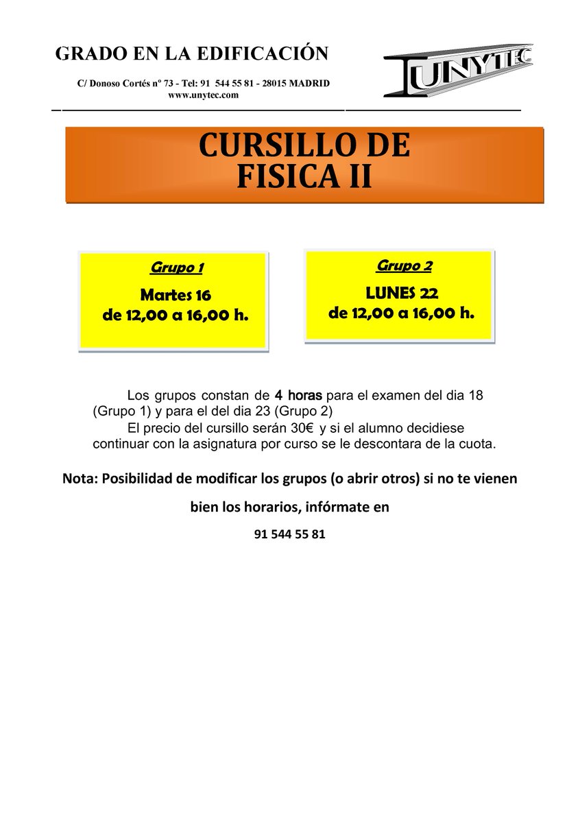Buenos dias os queremos informar de nuevo cursillo de fisica 2 que vamos a impartir para el examen del dia 18 y 23