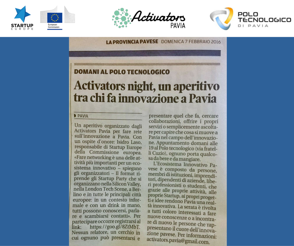 ActivatorsPV's tweet photo. @provinciapavese parla dell' #activatorsnight di domani! Special Guest: @isidrolaso - Head of @StartUpEU https://t.co/zDKgozg0ve