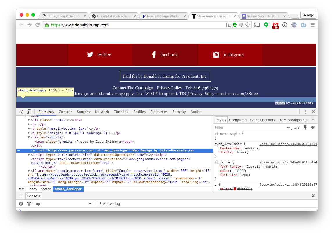daljo628's tweet photo. Why am I not suprised? Trump's website includes a naughty cloaked backlink for @gilesparscale. #MakeSEOGreatAgain? https://t.co/WbUajYaqnY