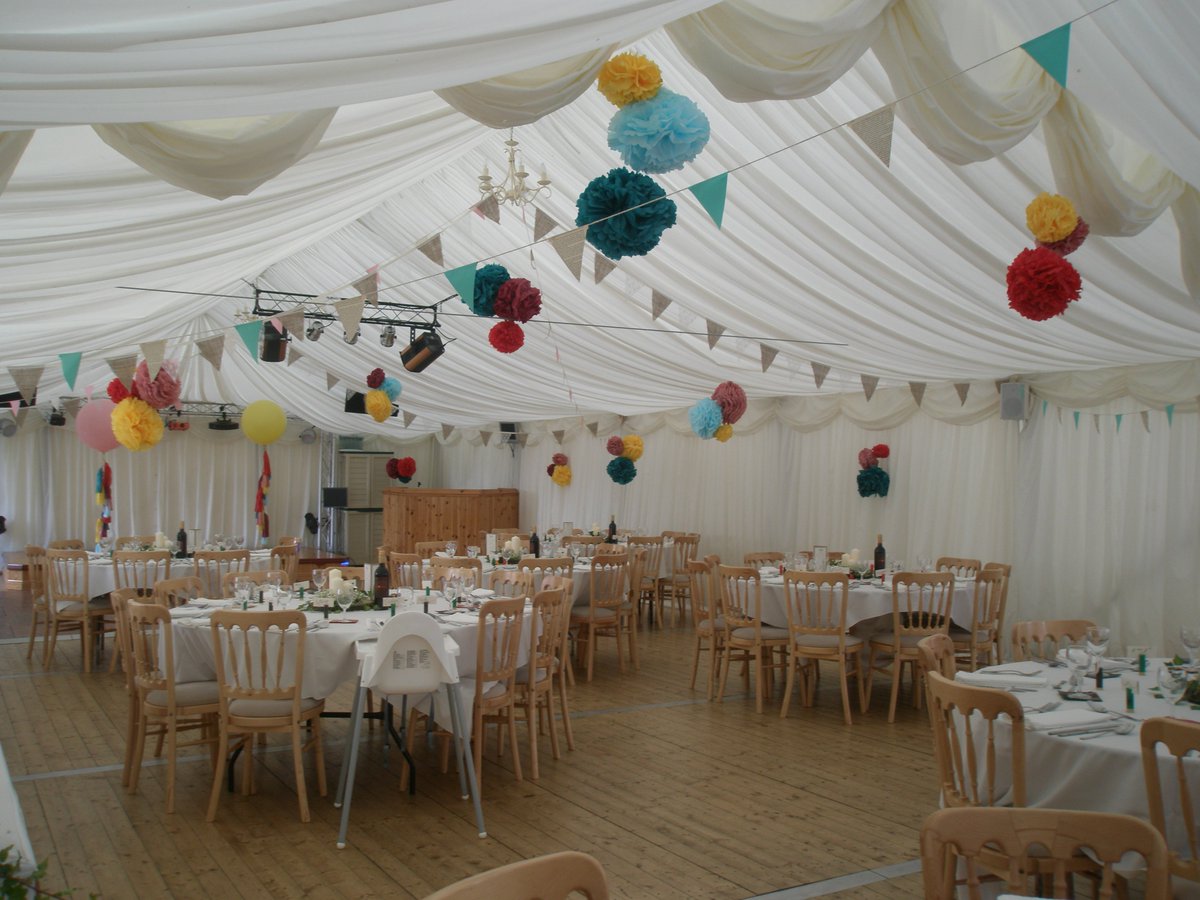 Our unique wedding marquee with a solid floor and excellent heating system setting for your wedding reception.