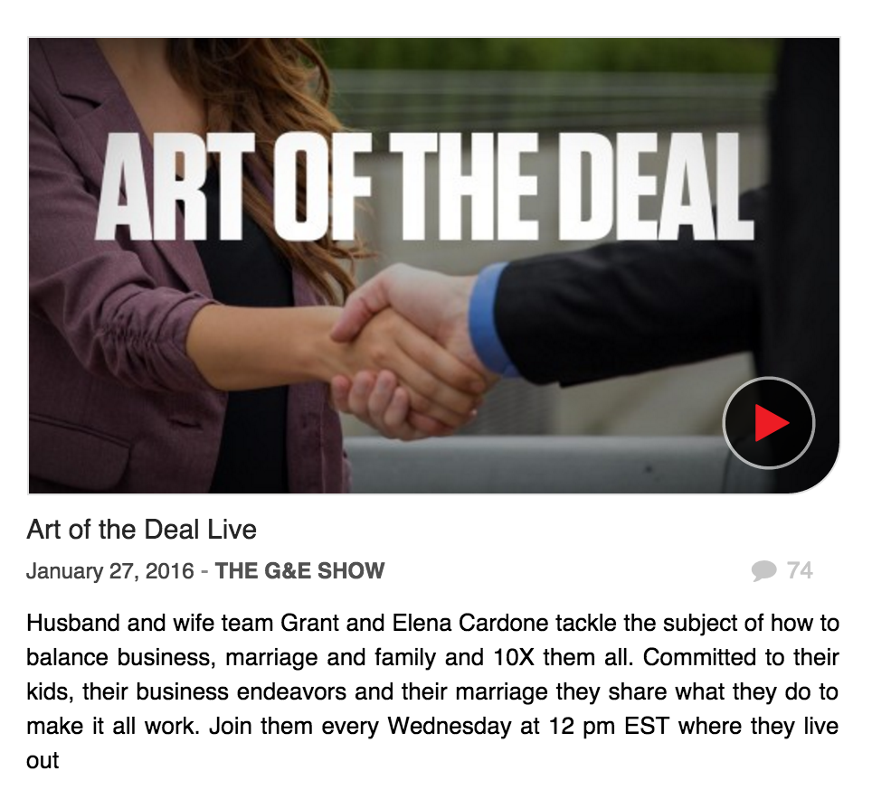 TheGandEShow's tweet photo. The Art of the Deal https://t.co/kybZXs8QBH #geshow @GrantCardone @ElenaCardone #family #business #success https://t.co/lhxV4XDloB