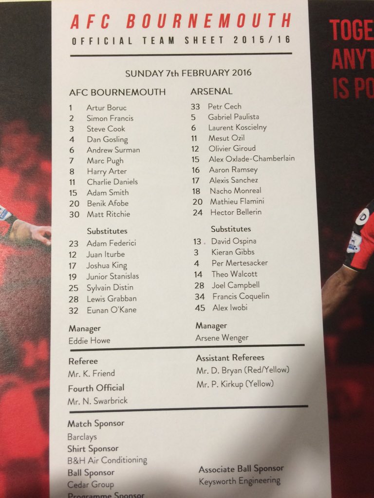 Arsenal's tweet photo. Teamsheets, teamsheets, teamsheets! It is the first time @Arsenal have played a competitive game at Dean Court https://t.co/MXaRIbFs78