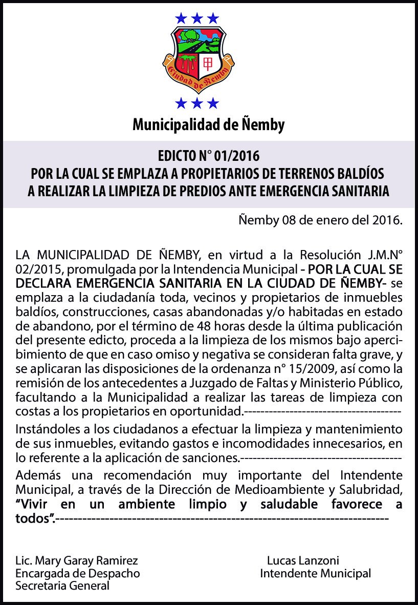 muninemby's tweet photo. Desde hoy entra en vigencia el Edicto Municipal para la limpieza de inmuebles en la ciudad de Ñemby . https://t.co/olD7oXznES