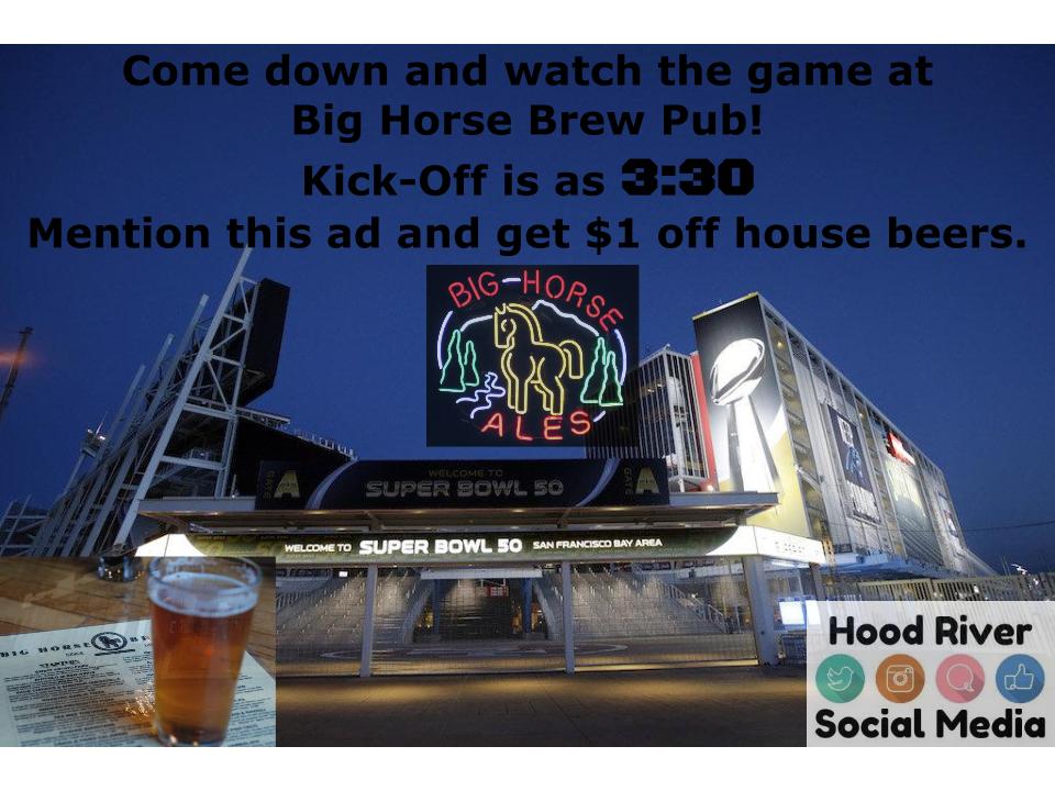 HoodRiverSM's tweet photo. Need a place to watch the game in #HoodRiver? Come down to Big Horse! #Food #Beer #Watch #SuperBowl https://t.co/7wgQ9KWi8l