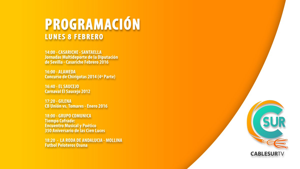 Cablesur_TV's tweet photo. PROGRAMACIÓN
LUNES 8 FEBRERO https://t.co/PyR84NhEML