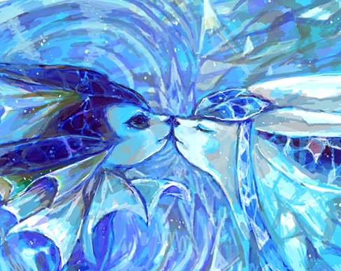 vaporeon blue theme pokemon (creature) no humans closed eyes imminent kiss looking at another water general  illustration images