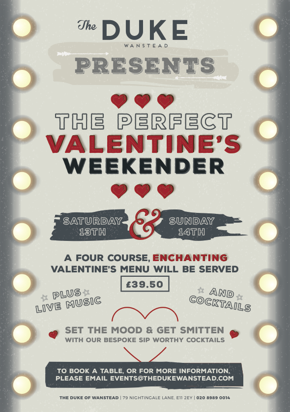 thedukewanstead's tweet photo. Next week we have our #ValentinesDay weekender! Book a table and get totally smitten with your loved one https://t.co/wu3UFpcMRC