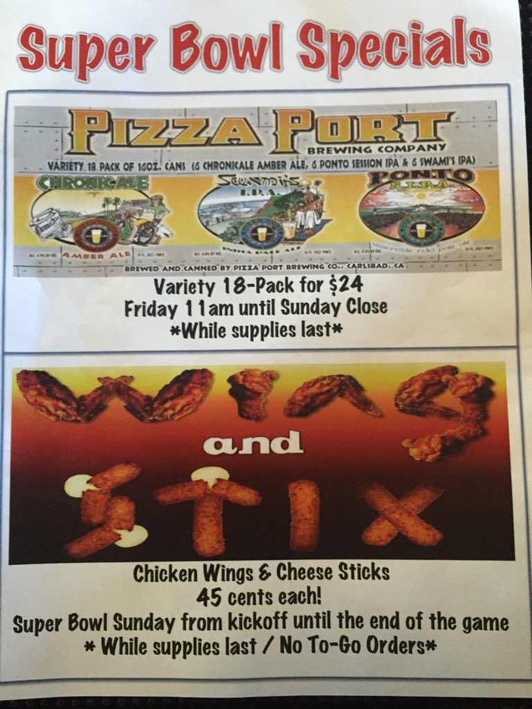 #SuperBowl special! $0.45 Wings &amp; Stix during the game! Beer &amp; pitcher specials all day! #sdbeer