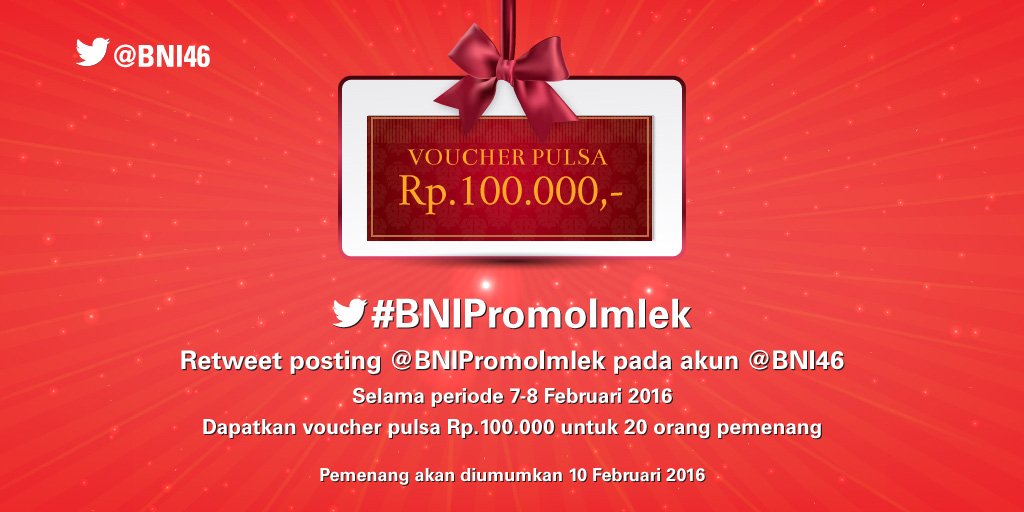 BNI's tweet photo. Yuk, ikutn Surprise Retweet promo Imlek ada hadiah vcher pulsa 100rb yg di posting @BNI46 dg hashtag #BNIpromoImlek https://t.co/Jj4ysZllie