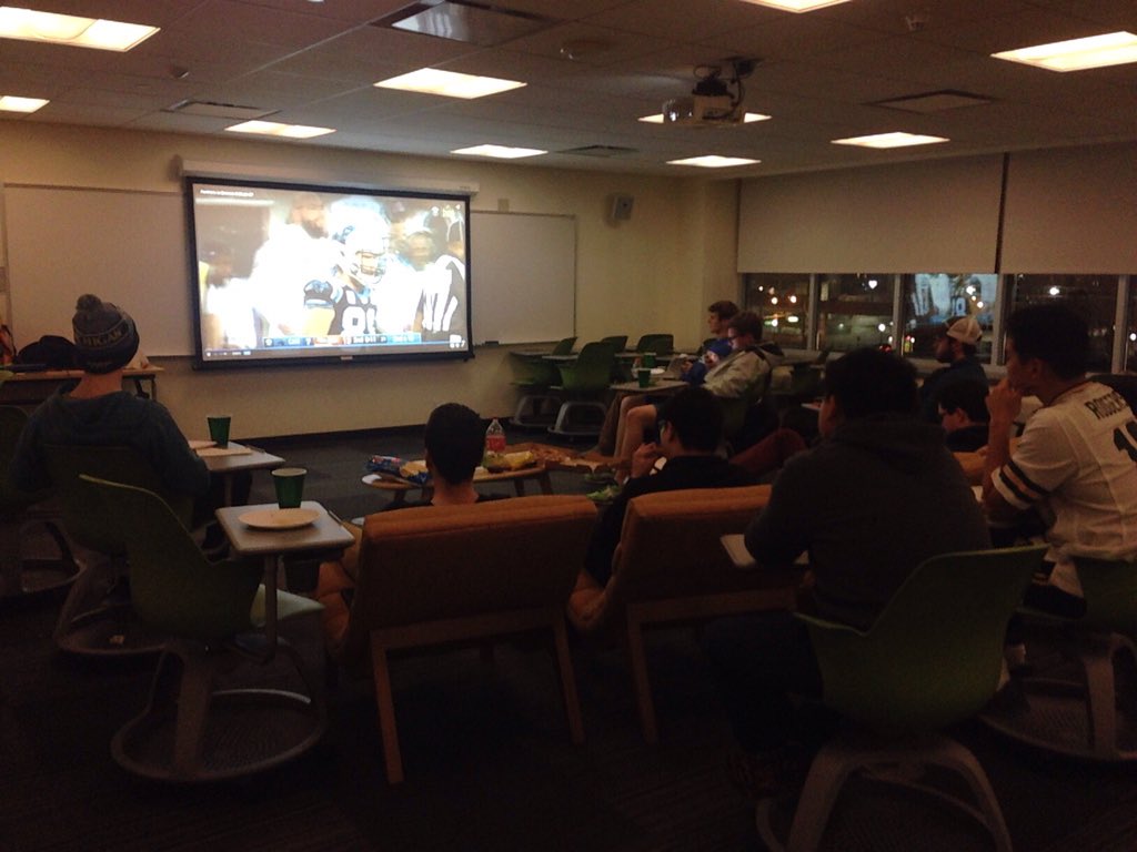 #SuperBowl time with the brothers! Projector, pizza and lots of chairs! Join us for the second half 🏈