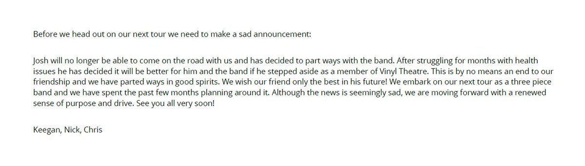 vinyltheatre's tweet image. Before we head out on our next tour we need to make a sad announcement...