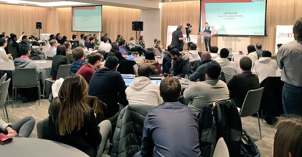 HackworksInc's tweet photo. The Finale has kicked-off! #ScotiabankHackIT #hackathon #fintech https://t.co/sLYFDxlvlO