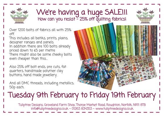 TulipTreeDesign's tweet photo. We're having a huge SALE!!!!!! How can you resist - 25% off quilting fabrics and more
Tues 9th - Fri 19th February! https://t.co/iLYgxcgFLl