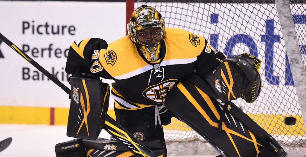 theScore's tweet photo. Bruins prospect Malcolm Subban out indefinitely after taking a puck to the throat. https://t.co/BNIaK3ljeF https://t.co/2nNkKceree