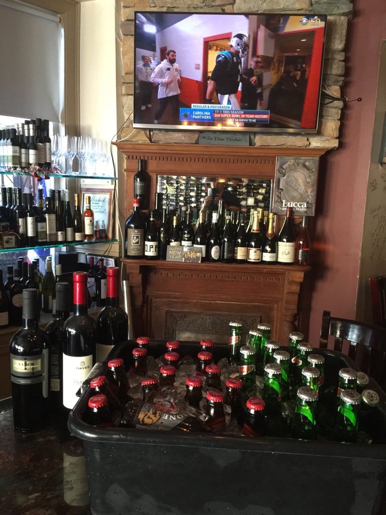 Cam Newton, joe's burgers, beer on ice and big red wine ready to go!  Enoteca Della Santina #suoerbowl50