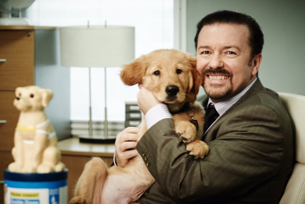 rickygervais's tweet photo. My favourite #LifeOnTheRoad set  visit: Zebedee, the trainee guide puppy. https://t.co/fa8gAeKwLg