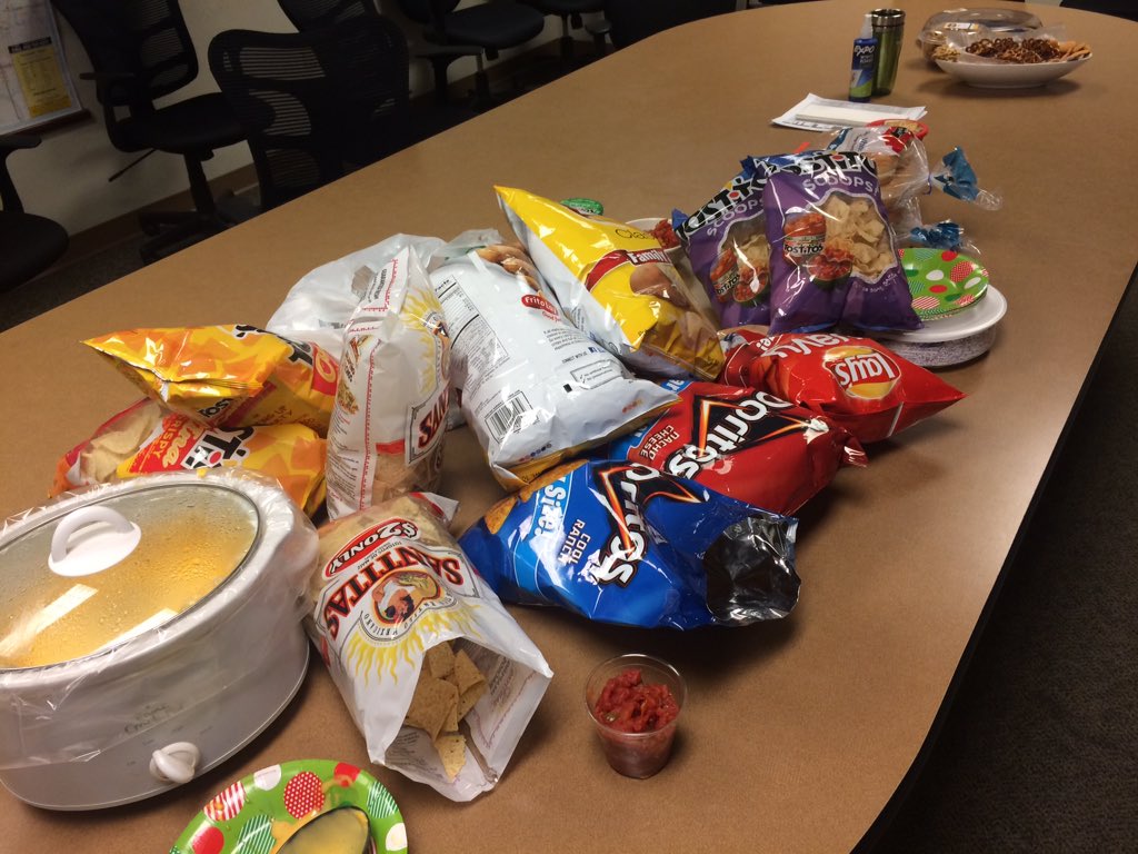 _joshberry's tweet photo. When you have a work potluck but don't coordinate who brings what... #SoManyChips #PotLuckFail https://t.co/JRBmAs2h8T