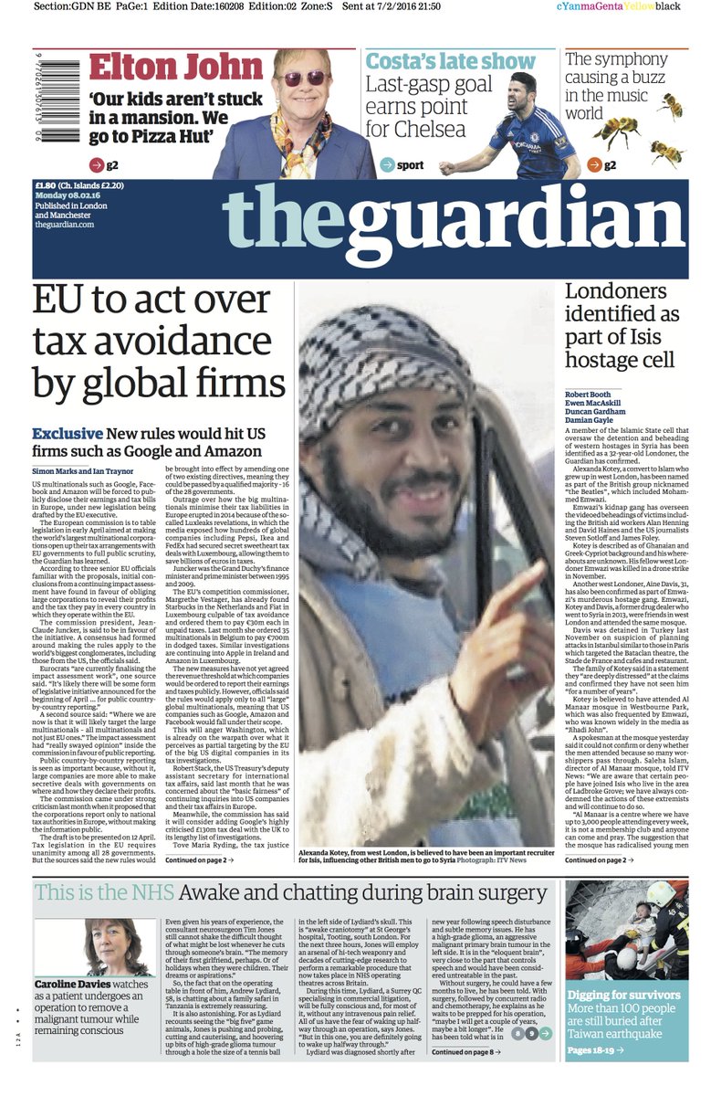 guardian's tweet image. The Guardian front page, Monday 8 February 2016: EU to act over tax avoidance by global firms