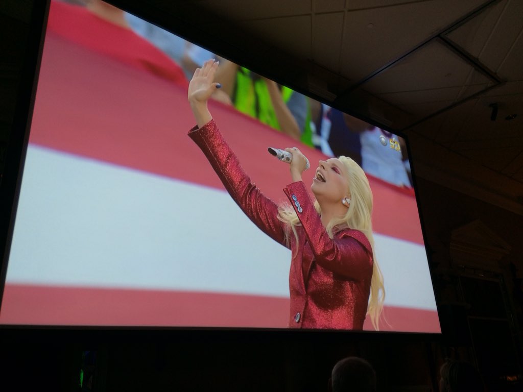 SeanMcTV's tweet photo. The over/under on @ladygaga's National Anthem is too close to call! Almost 2:20 on the dot!! #SB50 #NeedVerification https://t.co/QinMXos7iY