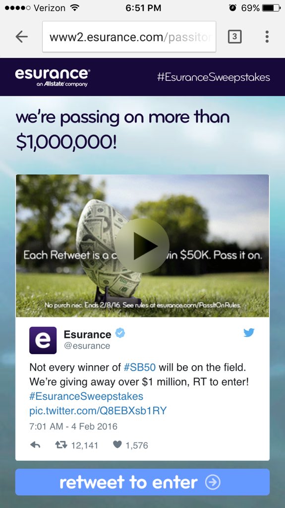 PairedMedia's tweet photo. Just in: @esurance wins #SB50 with #EsuranceSweepstakes and clever #marketing. Congratulations. https://t.co/52tLcx8Cok