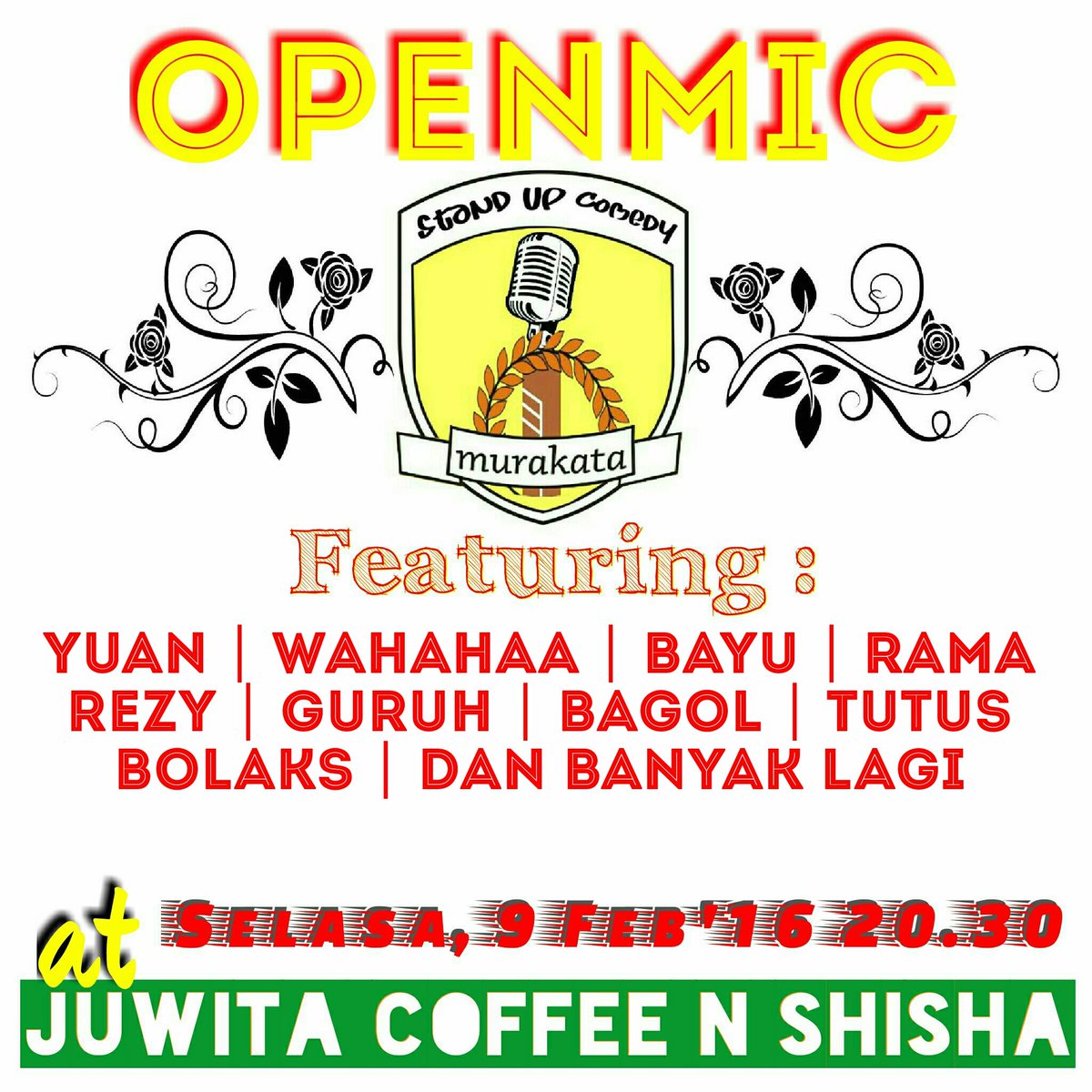 StandUpMurakata's tweet photo. Yuyuyu malam rabu ini kita #standupmurakata openmic lg, line up comicnya akan dihuni makkluk2 yg hampir punah. https://t.co/cF0mi0wcdz