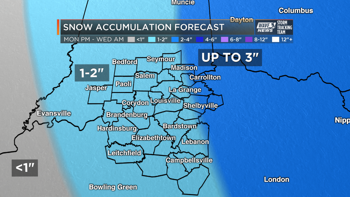 RyanHokeWAVE3's tweet photo. BLOG: Splotchy accumulations of 1-2" possible with snow showers Mon-Wed.

-> https://t.co/lR6HHzwLyr

#WAVE3Weather https://t.co/j9hTFMWVDh