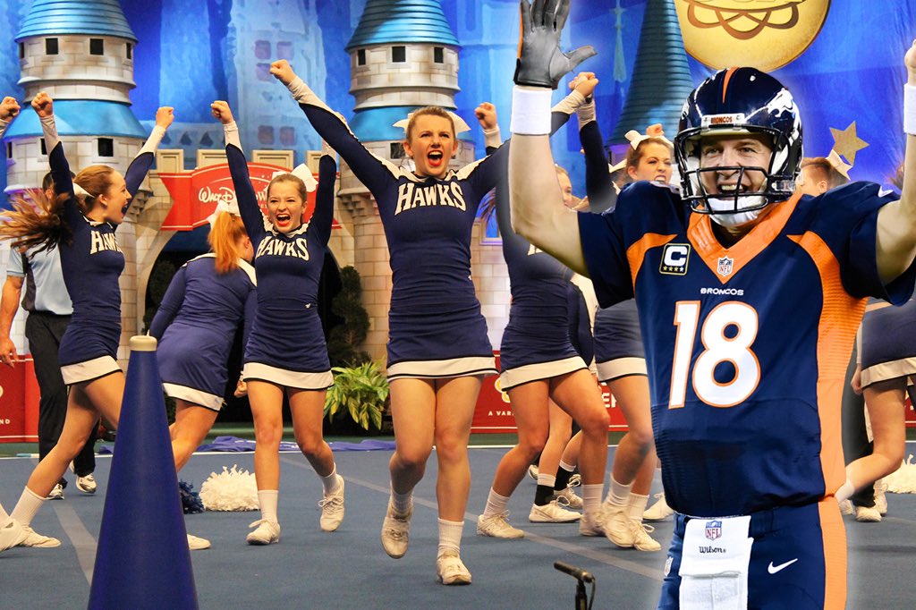 UCAupdates's tweet photo. Everyone, including Peyton, has their hands up celebrating #UCAnationals tonight! #SB50 https://t.co/WqobFvfd4n