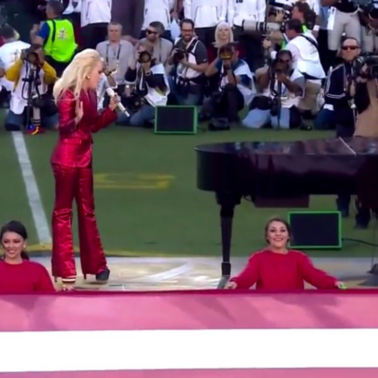 Grandma Cynthia Germanotta is watching behind #LadyGaga #SB50 #NationalAnthem #LittleMonsters #PawsUp