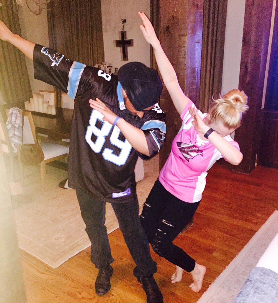 TheDaylan's tweet photo. Kellie Pickler and I DOING THE #DAB #DABCAM #CAMVP  #Panthers #SuperBowl https://t.co/y77AMLncmZ