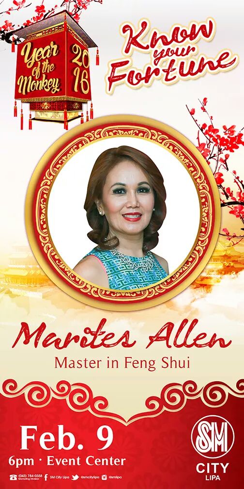 smcitylipa's tweet photo. Feb9: Be ready this Year of the Fire Monkey w/ Feng Shui tips from Marites Allen!
#FindFortuneatSM #SMAnnouncements https://t.co/MHxASnEgMa