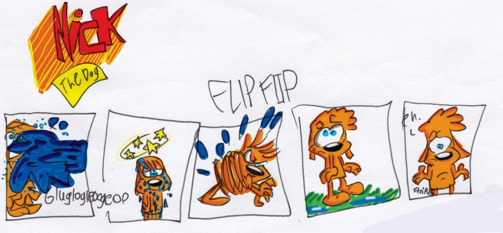 girl_barrie's tweet photo. Today's installment of "Nick the Dog" original comic strip by my 10 y/o! #KidArt #FutureDisneyArtist #pennpanthers https://t.co/bomVS1D7mU