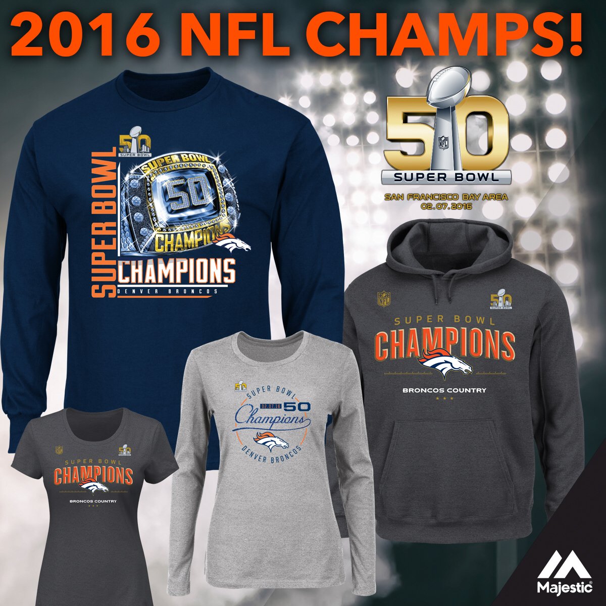 MajesticOnField's tweet photo. Congrats, Broncos! Get your #SB50 Champs gear now at https://t.co/mX8mMtIy9e #FansFor50 https://t.co/ybZqsRztFp