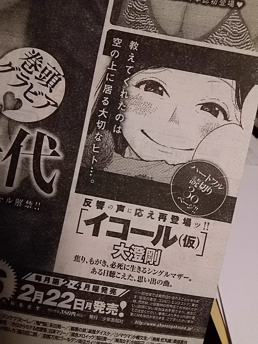 もう1個、予告でました!2月22日発売のヤングキングに「イコール」という読切30p載ります!シングルマザーと友情の話かな。原稿真っ只中です頑張ります。 よろしければーまた告知します!