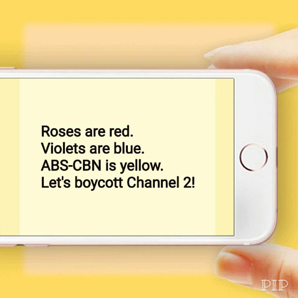 kweenRGM's tweet photo. Roses are red.
Violets are blue.
ABS-CBN is yellow.
Let's boycott Channel 2!
#ABSCBNONESIDED https://t.co/jnZMVAzvYJ