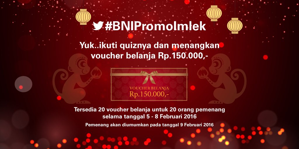 BNI's tweet photo. Tweeps 5 menit lagi Quiz akan dimulai ya, :) #BNIpromoImlek #Imlek #CNY #GongXiFaCai https://t.co/cqq9mT41Hc