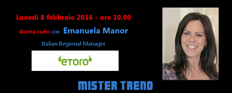 mister_trend's tweet photo. Ore 10.00 https://t.co/4ZtDjvFGxm parliamo di #socialtrading con Emanuela Manor di eToro
#lunedi #trading #etoro https://t.co/RL45VizRW3