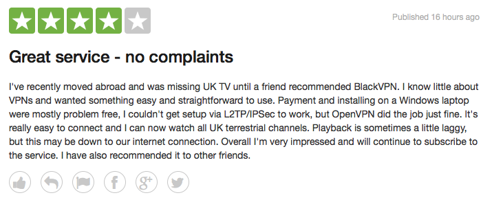 blackVPN's tweet photo. 4 Star review on TrustPilot - cheers Joanne :) #blackVPN https://t.co/ohyVEqIYRR https://t.co/zoHq1PLWvD