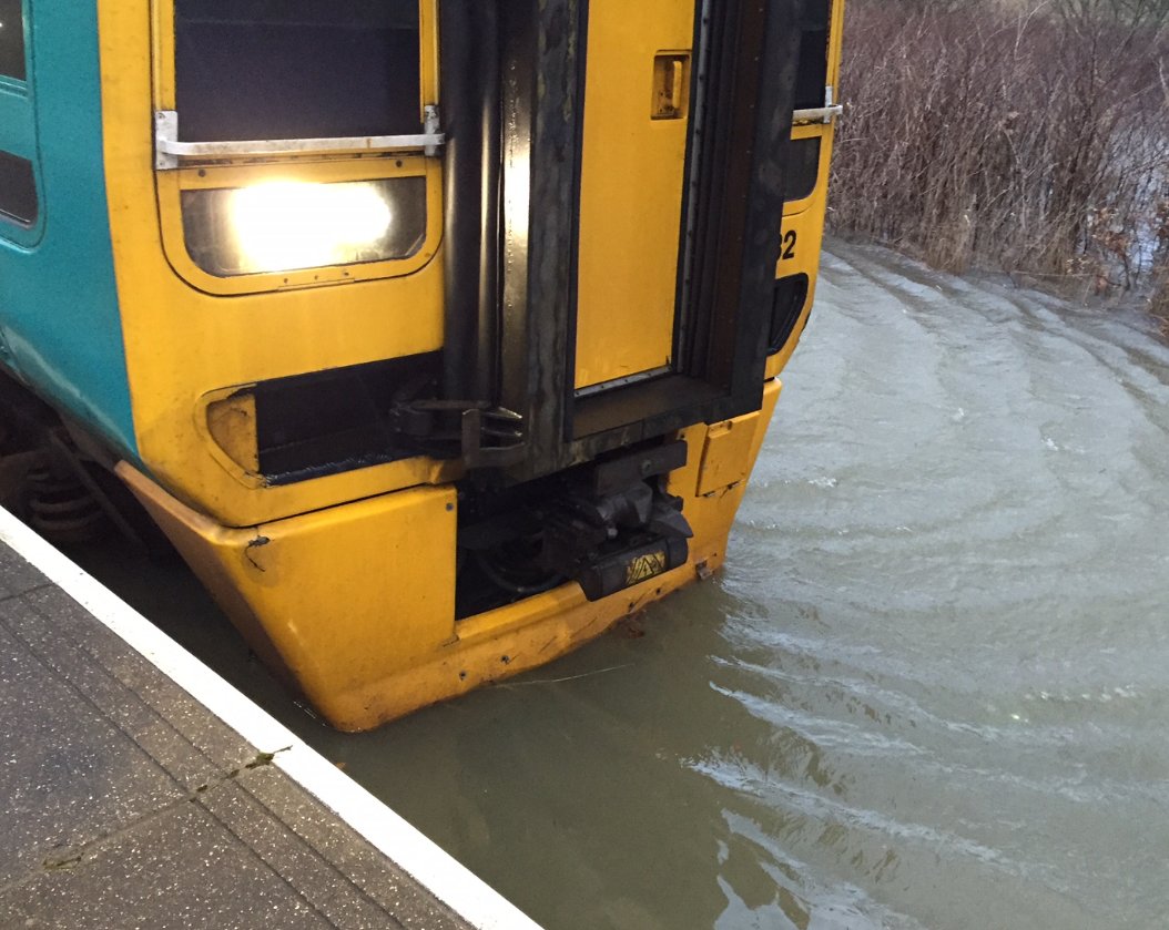 BartShillson's tweet photo. Trains are unable to run on parts of the Cambrian line due to flood water being above a safe level #StormImogen https://t.co/BciODIHWXW