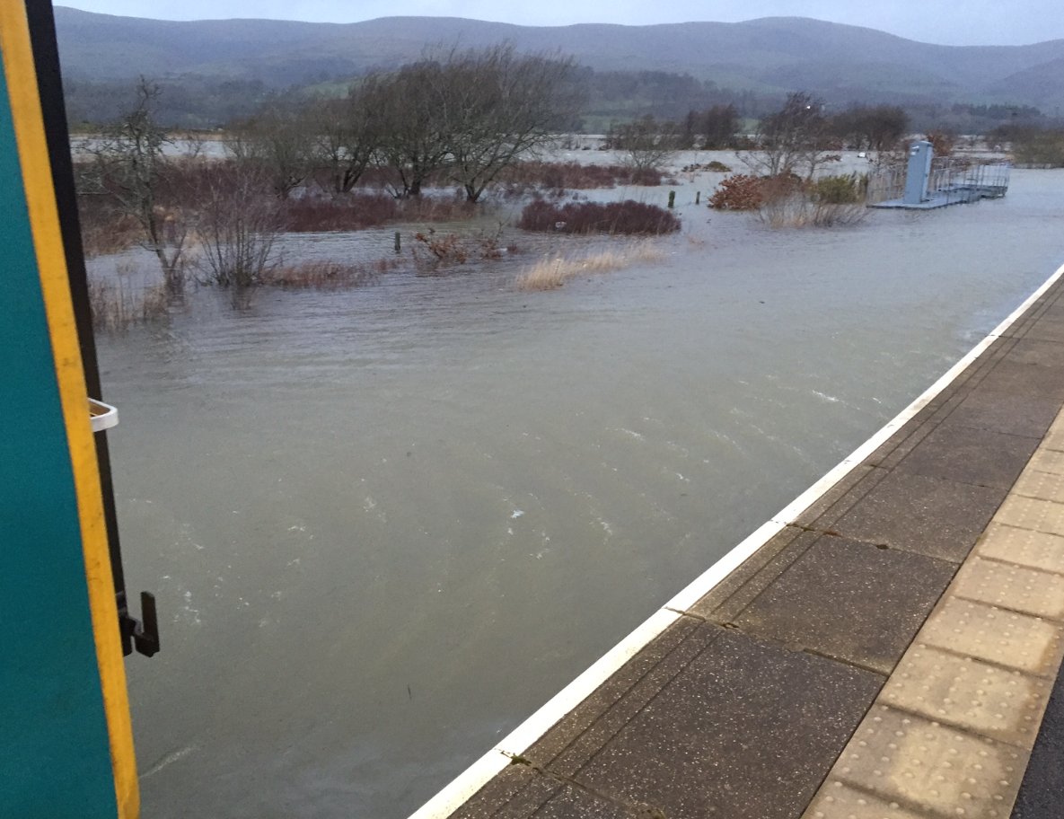 BartShillson's tweet photo. Trains are unable to run on parts of the Cambrian line due to flood water being above a safe level #StormImogen https://t.co/BciODIHWXW