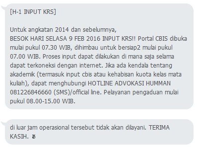 [INFO INPUT KRS] Mengingatkan kembali bahwasannya besok pelaksanaan INPUT KRS, portal cbis dibuka pukul 07.30 WIB.