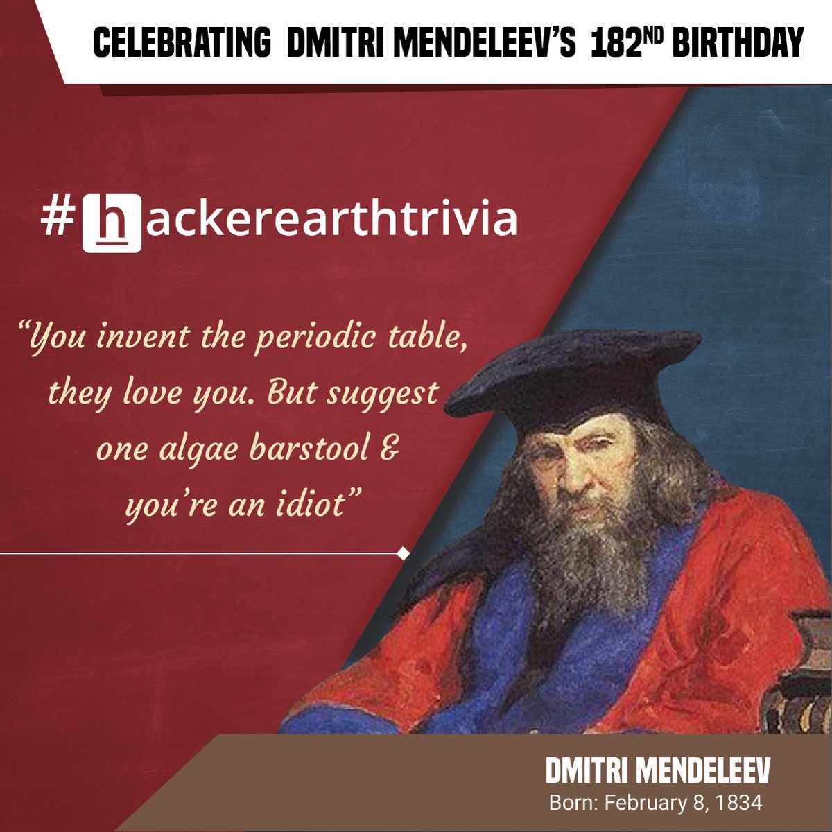HackerEarth's tweet image. Celebrating the 182nd birth #Anniversary of #DmitriMendeleev today, the father of the #periodictable #science