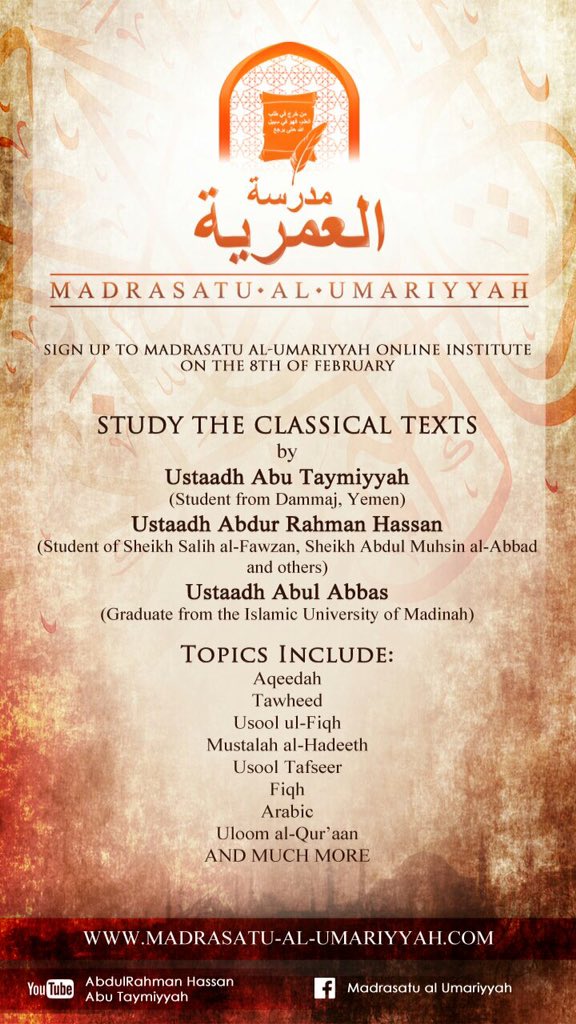 AbuTaymiyyahMJ's tweet image. NEW UPDATE- WEBSITE NOW LIVE ,Graduate From Madina will also be teaching madrasatu-al-umariyyah.com #PureKnowledge