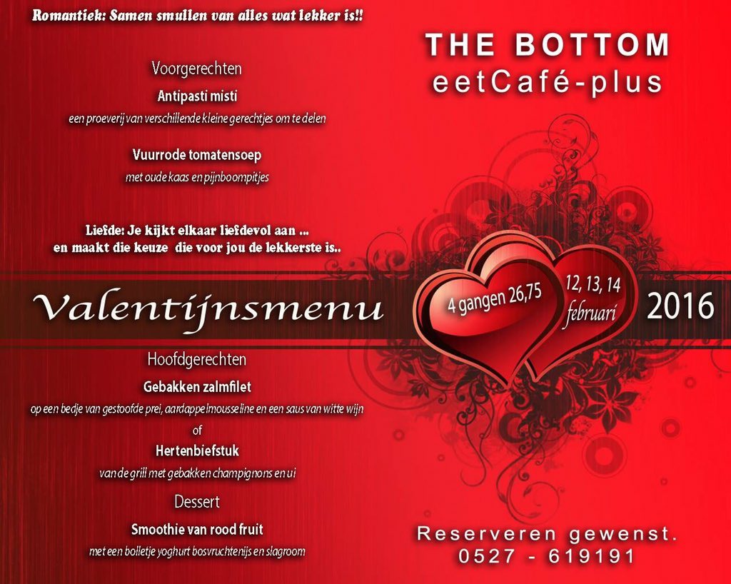<a href="/eetCafeBottom/">eetCafé the Bottom</a>: Reserveren gewenst. 0527-619191 of via thebottom.nl #valentijn #weekend