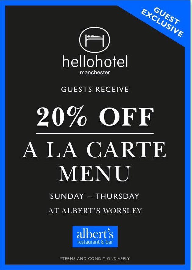 HelloHotelMan's tweet photo. Did you know that #hellohotel guests get 20% off #albertsworsley a la carte menu! https://t.co/P5WVfF9yVs
