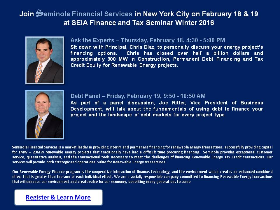<a href="/TheSeminoleCos/">Seminole_Financial</a> Chris Diaz &amp; Joe Ritter will be speaking at <a href="/SEIA/">Solar and Storage Industry</a> Finance &amp; Tax Seminar in NYC (February 18-19).