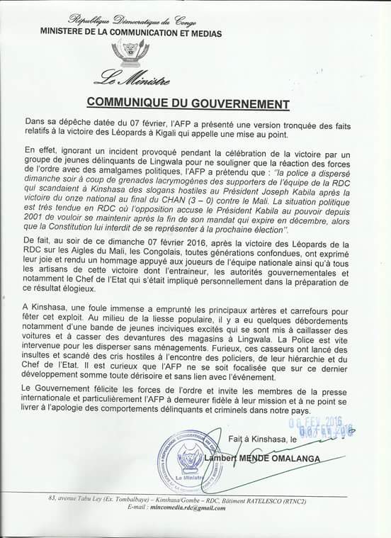 Min.Comm-Médias/RDC (@minmedias_rdc) on Twitter photo COMMUNIQUÉ DU GOUVERNEMENT #RDC #CHAN #2016 #AFP <a href="/soniarolley/">Sonia Rolley</a> <a href="/afpfr/">Agence France-Presse</a> <a href="/PrimatureRDC/">Primature de la République Démocratique du Congo</a> <a href="/TopCongo/">TOP CONGO FM</a> <a href="/lusakuenoc/">Christian LUSAKUENO</a> COMMUNIQUÉ DU GOUVERNEMENT #RDC #CHAN #2016 #AFP <a href="/soniarolley/">Sonia Rolley</a> <a href="/afpfr/">Agence France-Presse</a> <a href="/PrimatureRDC/">Primature de la République Démocratique du Congo</a> <a href="/TopCongo/">TOP CONGO FM</a> <a href="/lusakuenoc/">Christian LUSAKUENO</a>