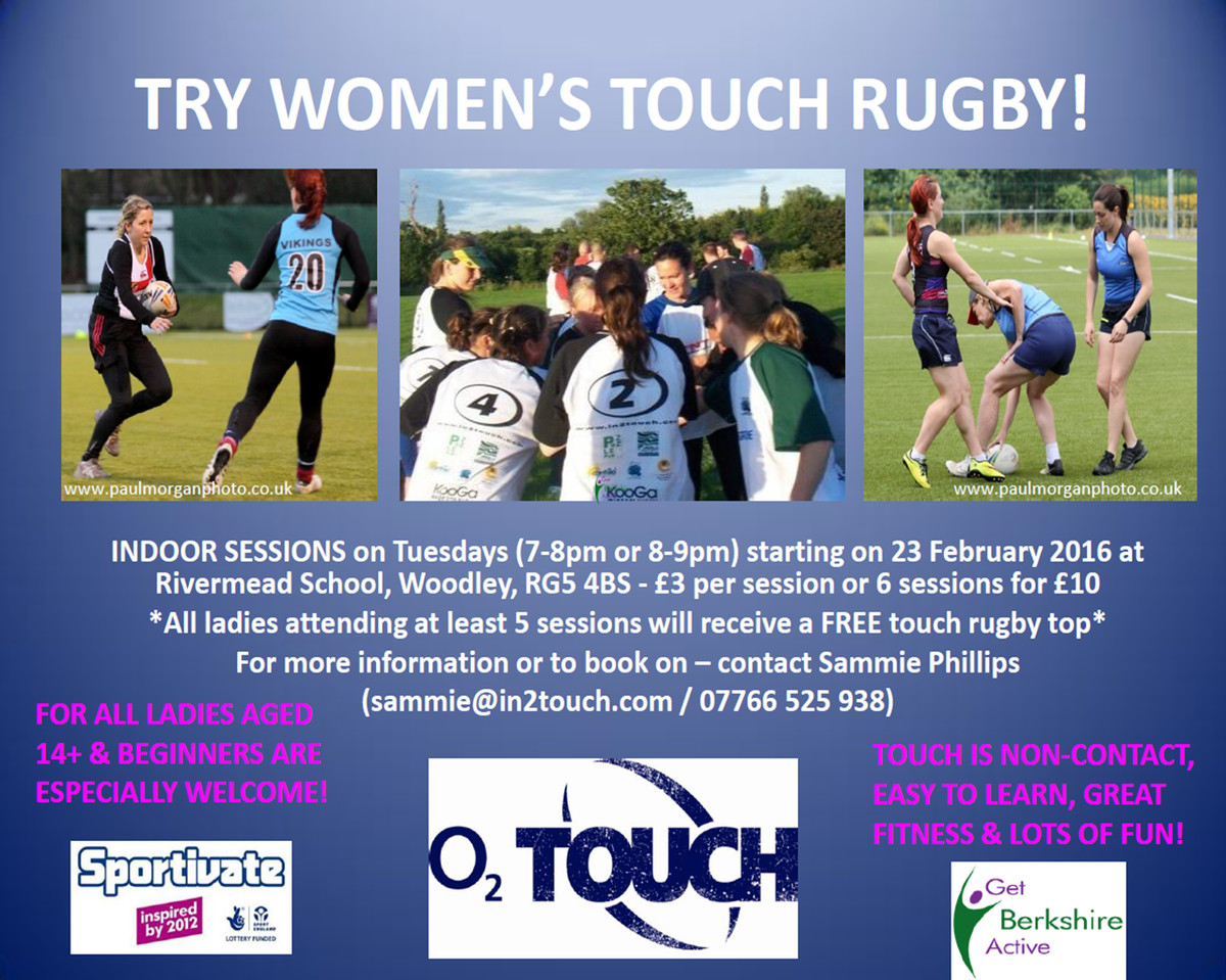 GetBerksActive's tweet photo. New sportivate project just for women is starting soon - Get playing touch rugby #In2Touch https://t.co/85srZ2Lx0J